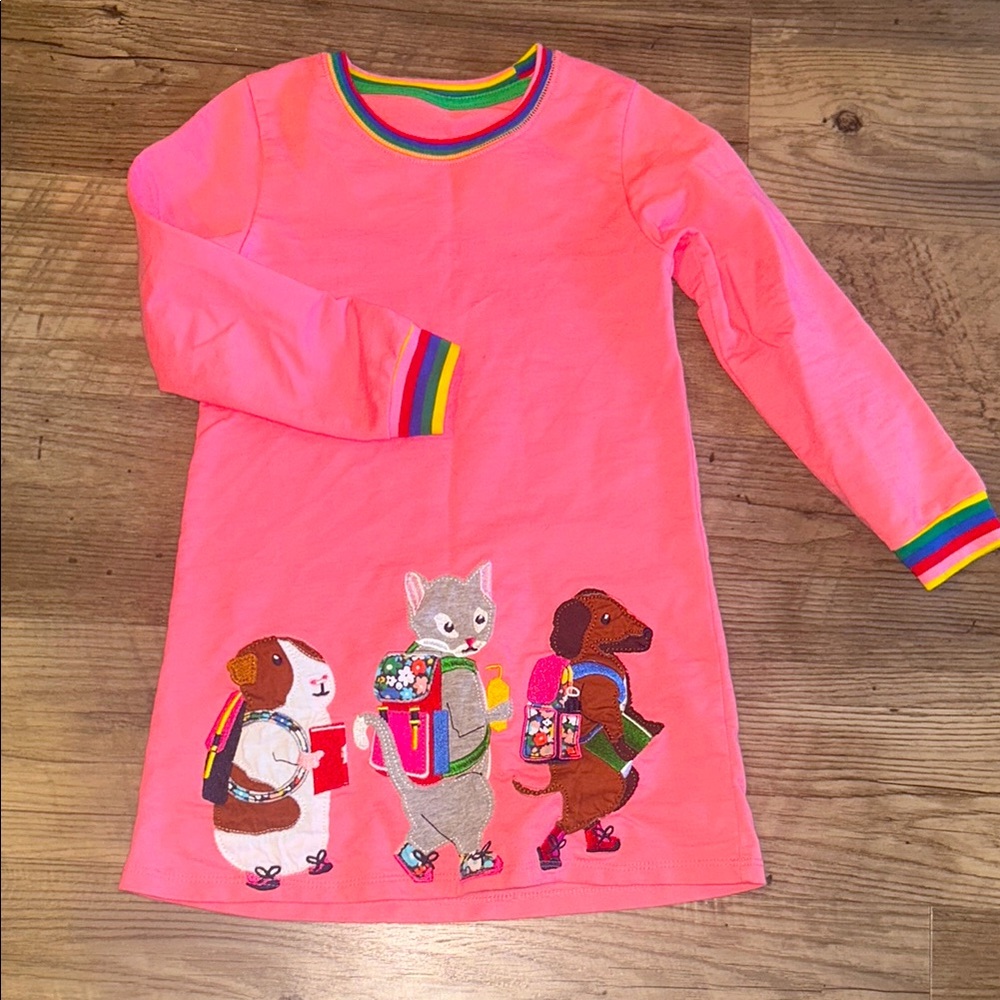 Girls Pink Long Sleeve Dress with Rainbow Trim and Animal Appliqué
